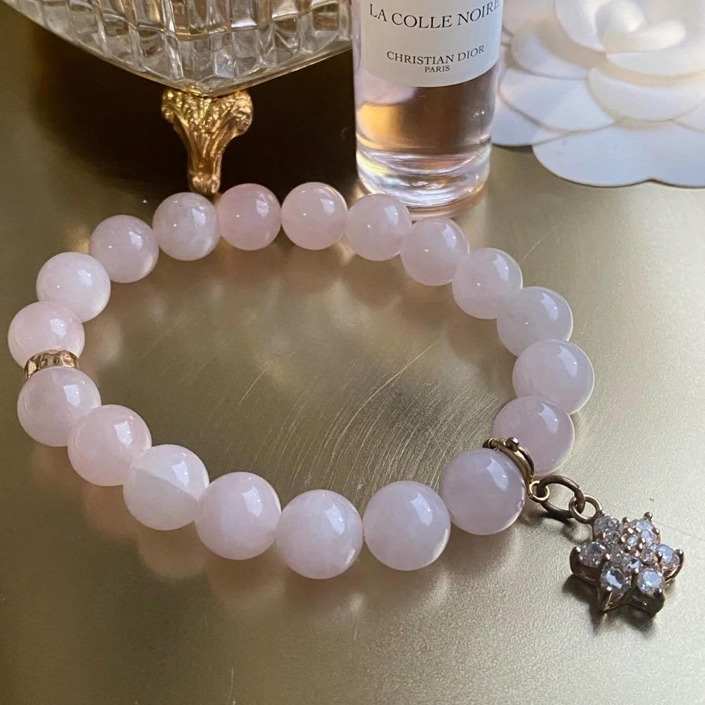 Genuine rose Quartz bracelet with removable flower charm